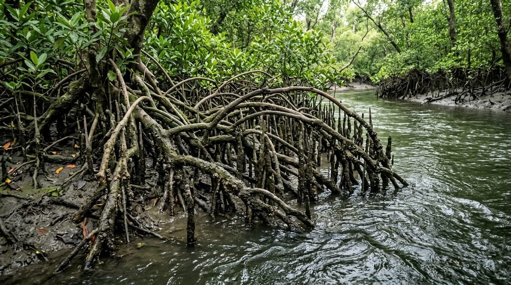 Mangrove roots along a tidal creek in the Sundarbans