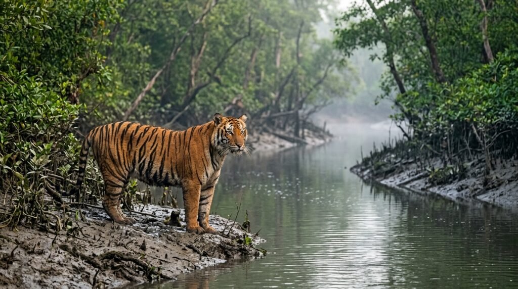 Royal Bengal Tiger beside a tidal creek in the Sundarbans