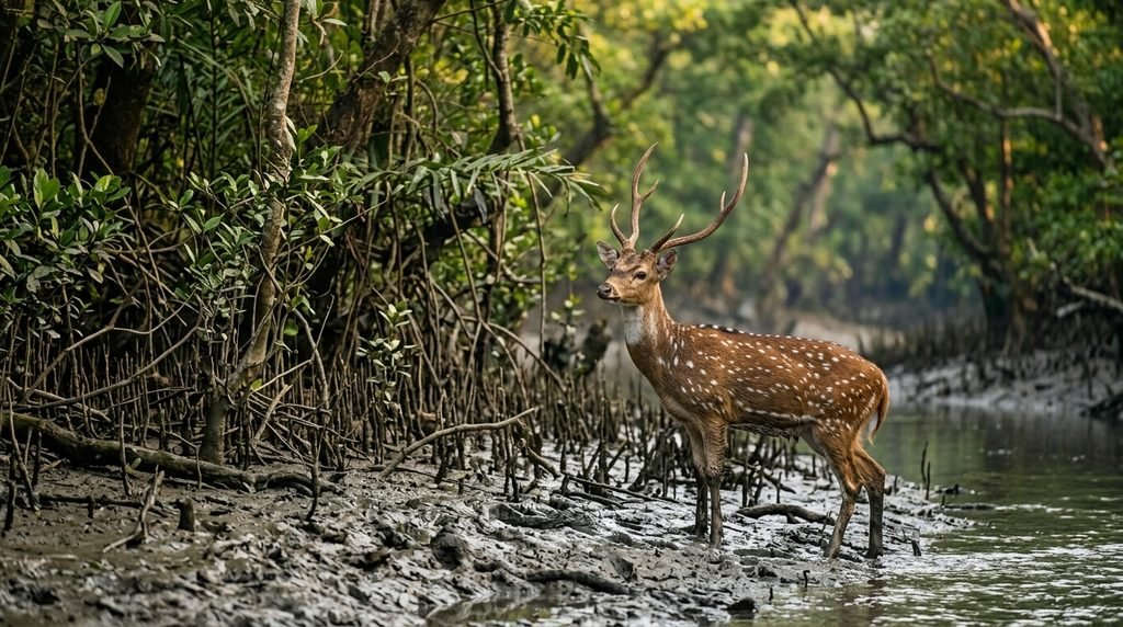 Spotted deer at the edge of the Sundarbans mangrove forest