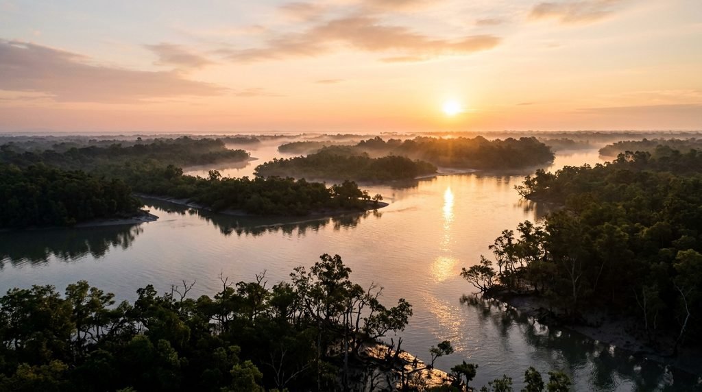 Sunrise over a tidal river in the Sundarbans