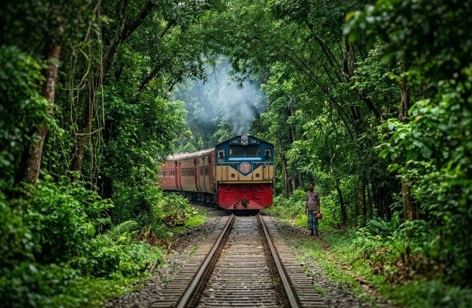 A train is emerging from a dense forest